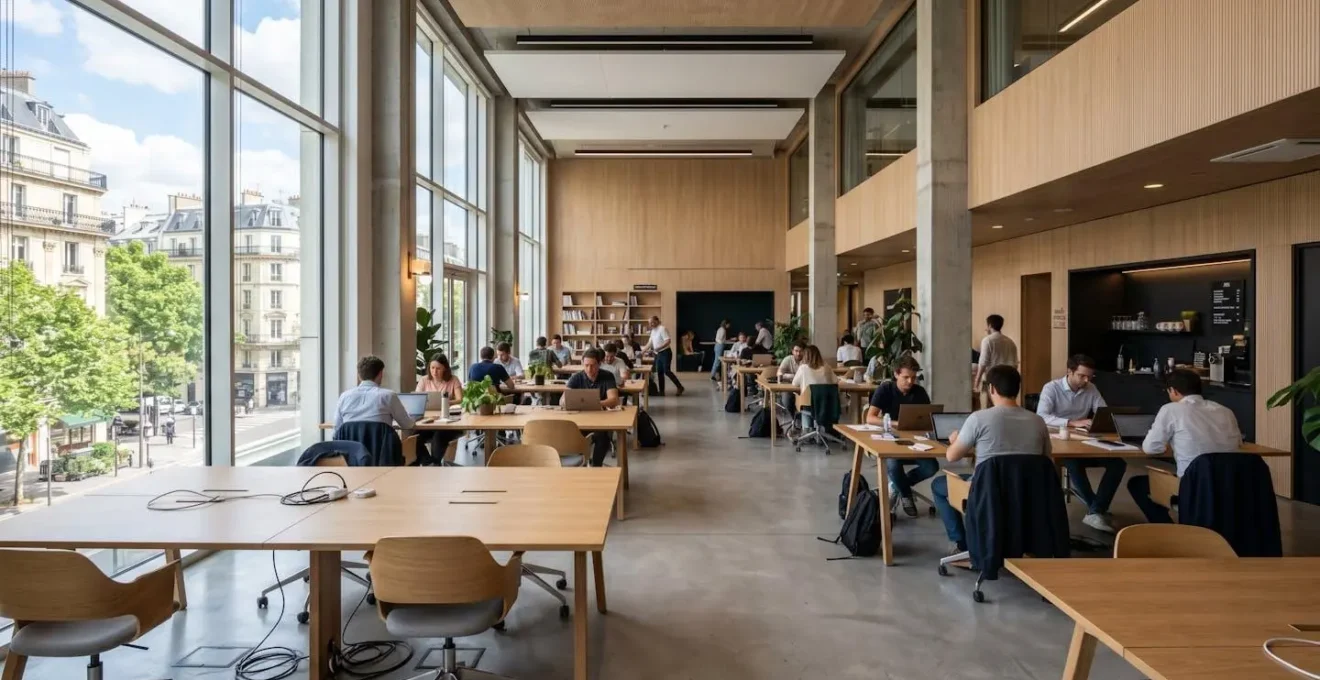 Vue grand angle d'un espace de coworking contemporain avec bureaux équipés d'ordinateurs, grandes fenêtres laissant entrer une lumière naturelle abondante, design minimaliste