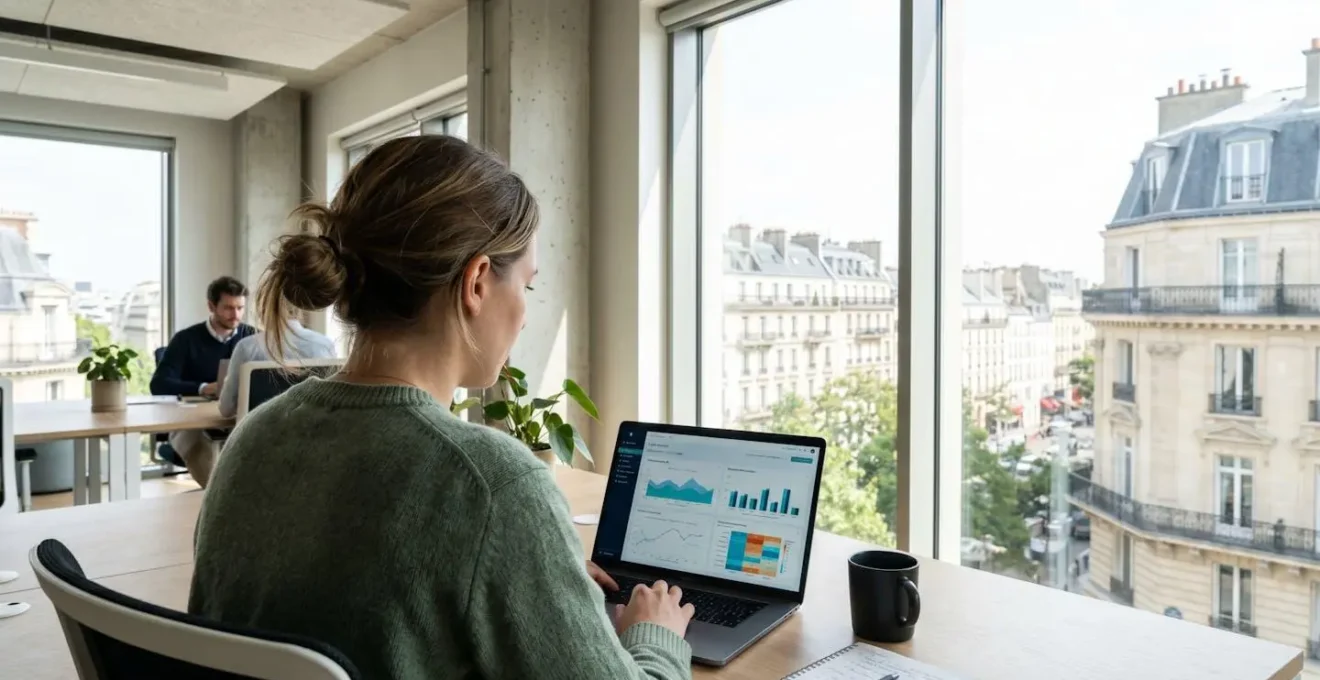 Un professionnel consulte des tableaux de bord analytiques sur son ordinateur portable dans un bureau lumineux, vu de dos