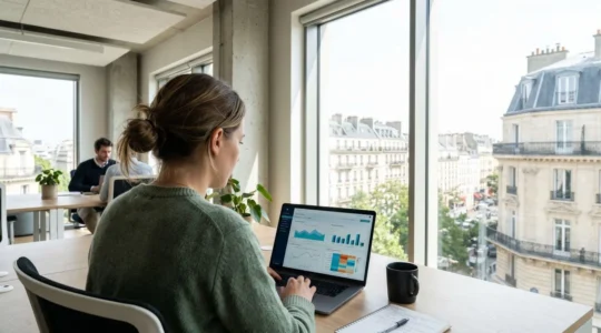 Un professionnel consulte des tableaux de bord analytiques sur son ordinateur portable dans un bureau lumineux, vu de dos