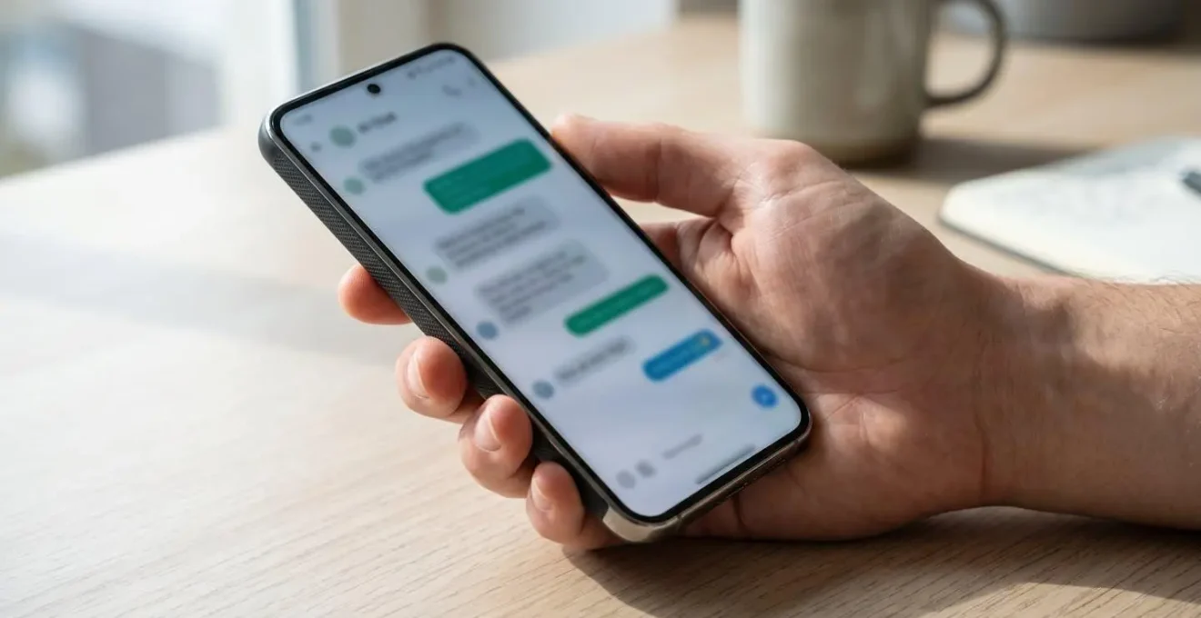 Gros plan sur un smartphone tenu en main montrant une interface de chat IA avec un écran complètement flouté, posé sur une surface moderne